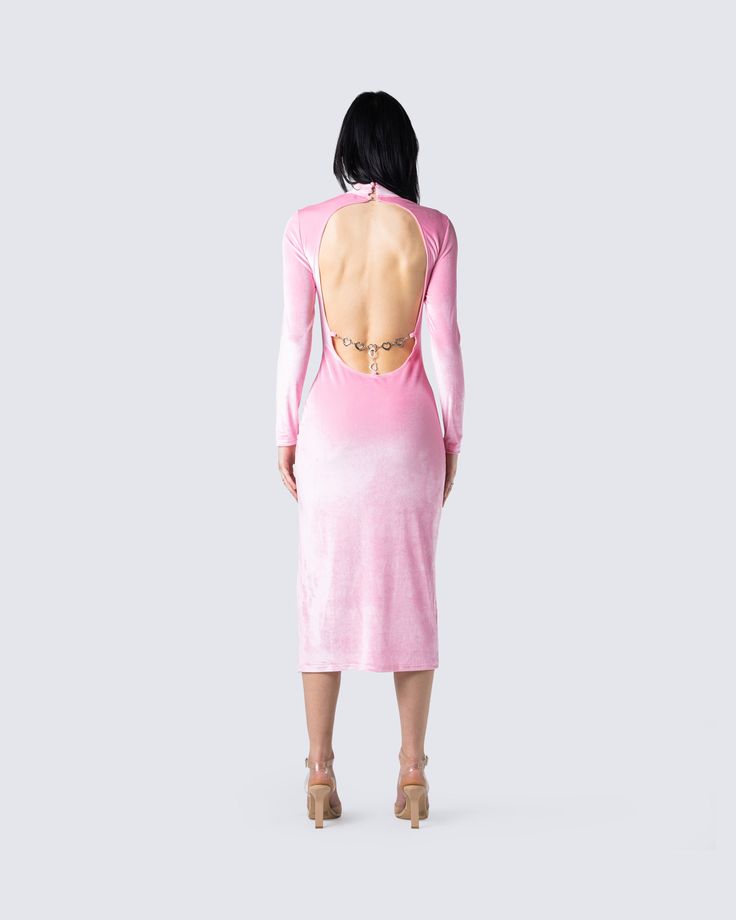 Pink will always be in season 🌸 Bring some pretty and playful energy everywhere in this backless, split-thigh chain midi dress ⚡️ Backless Midi Dress With Back Opening, Backless Midi Dress For Date Night, Spring Velvet Dress For Night Out, Velvet Midi Dress For Date Night, Chic Midi-length Velvet Dress, Backless Midi Dress With Back Opening For Party, Chic Backless Midi Dress For Club, Velvet Backless Evening Dress, Evening Velvet Backless Dress