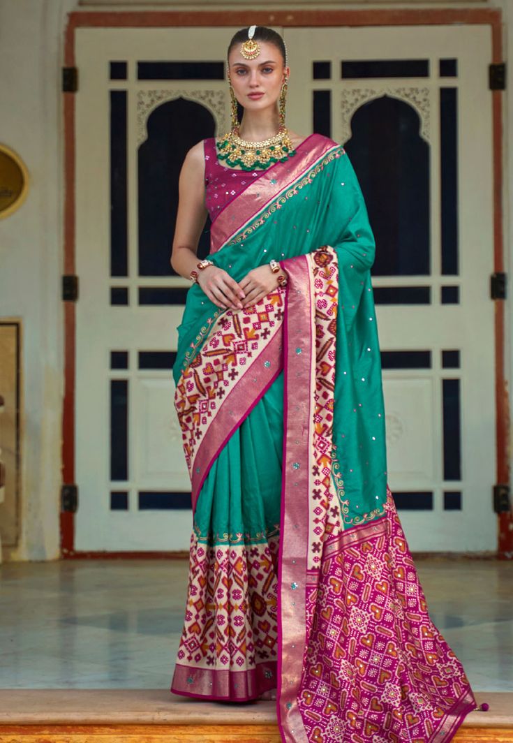 Patola silk print Saree in Sea green colour 497A Desc: Style : Patola Sarees Color : Sea Green Fabric : Patola Silk Work : Printed Wash Care : Dry clean Sleeve Style : Sleeveless Long Sleeves : Done only in Custom Stitch Sleeves Lining : Done only in Custom Stitch Bust Size : 32 to 42 Inches Occasion : Temple Wear Social Gathering Pongal Gudi Padwa Onam Ugadi. With Express Free Shipping Buy Indian Party wedding and bridal sarees Patola silk print Saree in Sea green colour 497A online in USA, UK Patola Silk Saree, Patola Sarees, Sea Green Color, Indian Party, Latest Designer Sarees, Lehenga Choli Online, Wedding Saree Indian, Green Saree, Bridal Sarees