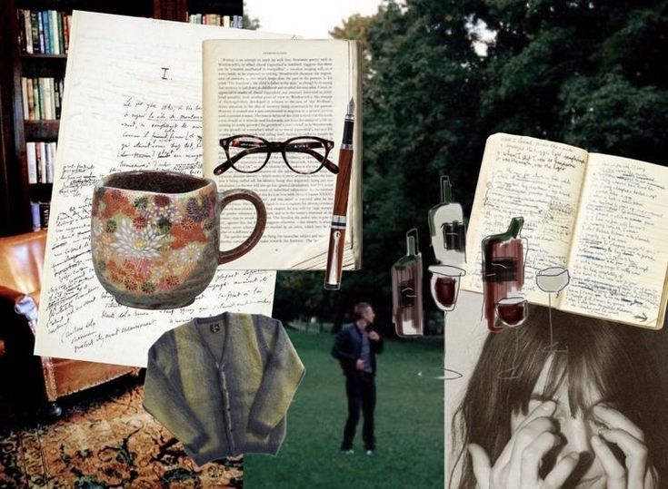 a collage of photos with books, glasses and coffee mugs on them in front of an open bookcase