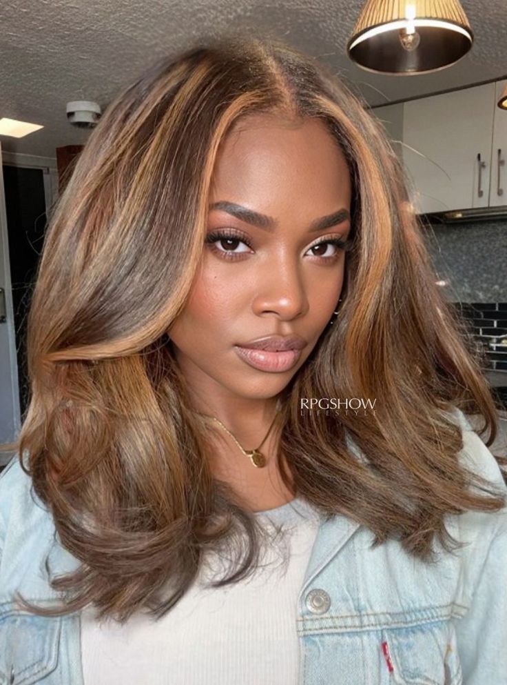 Chocolate Blonde Hair Balayage, Color Black Women Hair, Low Lights On Black Women, Light Brown Hair For Black Women, Highlights Relaxed Hair, Black Hair With Highlights Sew In, Natural Lace Front Wigs Black Women, Black Natural Hair With Brown Highlights, Brown Skin Colored Hair