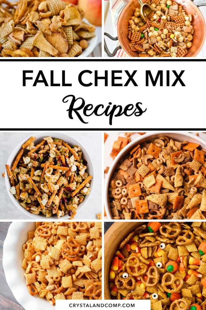 four different pictures with the words fall chex mix recipes in them and an image of various