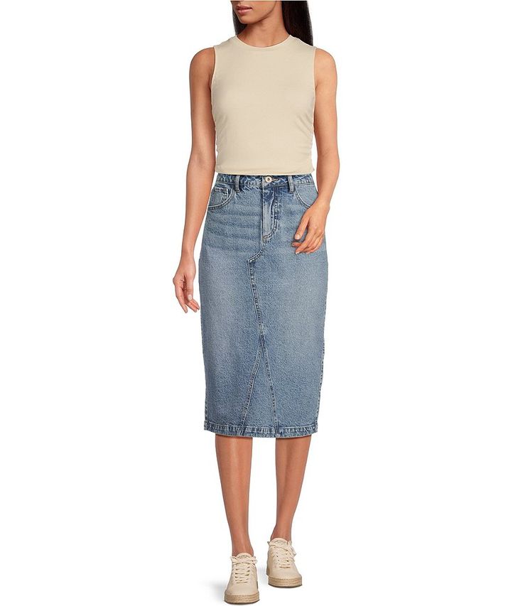 High Rise Fitted Denim Skirt, Stretch Denim Knee-length Skirt, High Rise Denim Skirt For Work, Mid-rise Fitted Lined Skirt, Fitted High Rise Lined Skirt, High Rise Fitted Skirt With Button Closure, Fitted High Rise Skirt With Button Closure, Fitted High-rise Denim Skirt For Work, Fitted Midi Denim Skirt With Lining