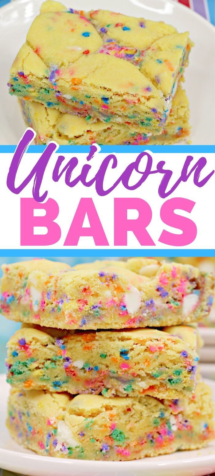 unicorn bars stacked on top of each other with sprinkles and rainbow colors