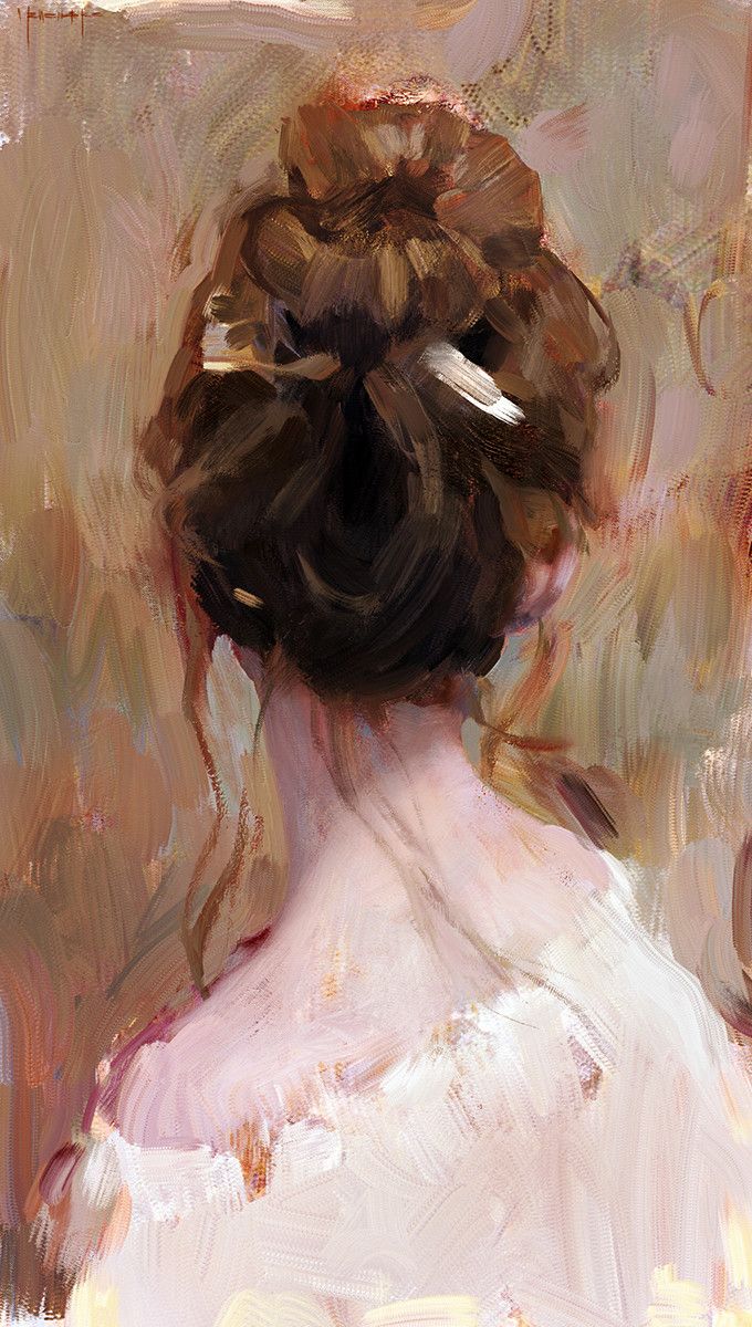 an oil painting of a woman's back with her hair in a low bun