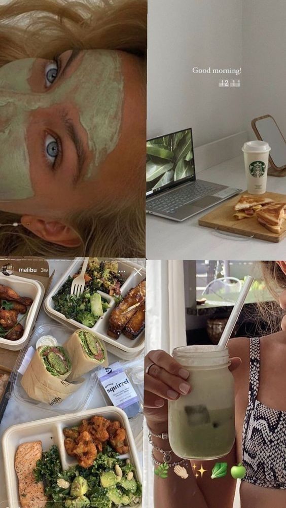 collage of photos showing woman with facial mask and food