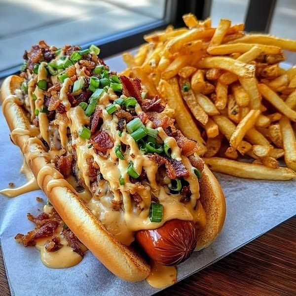 a hot dog covered in toppings next to some fries