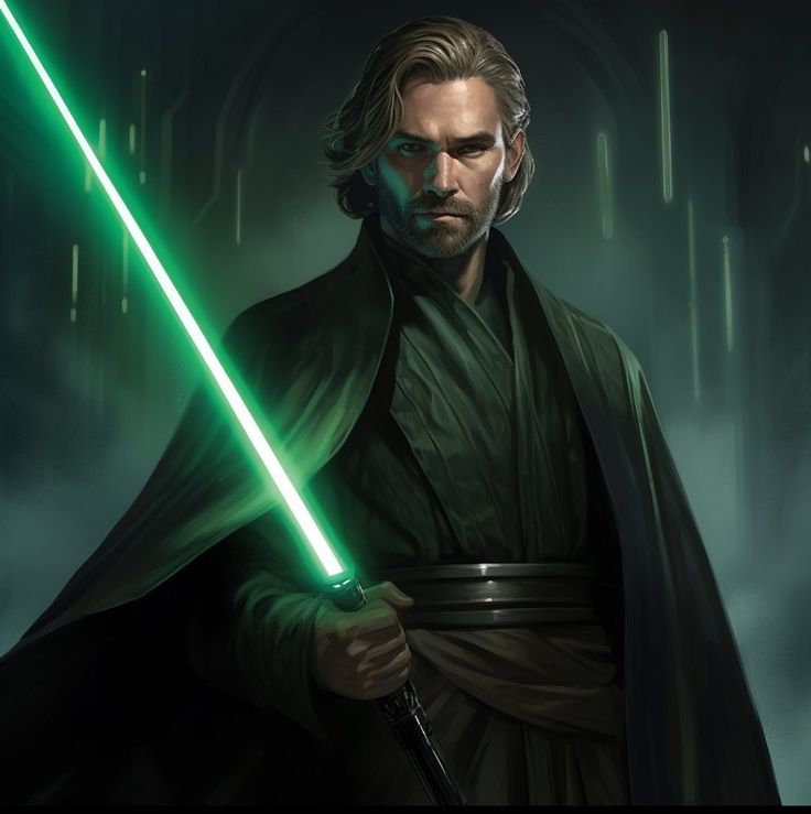 a man with a green light saber in his hand