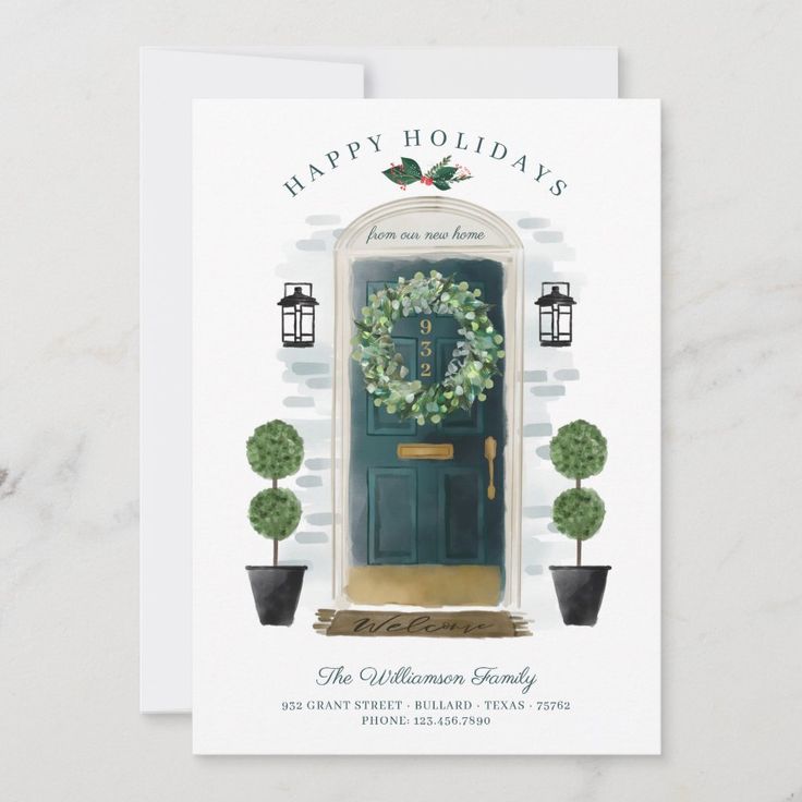 a holiday card with a blue door and potted plants