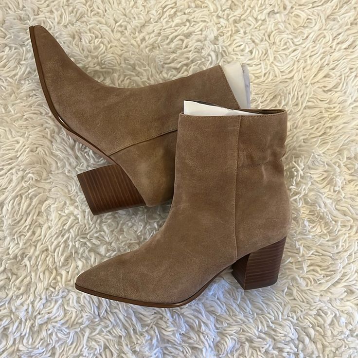 Beautiful Tan, Suede Boots! Perfect For A Fall Day! Casual Heeled Boots With Stacked Heel, High Ankle Suede Booties With Stacked Heel, Casual Booties With Stacked Heel, Medium Width, Casual Booties With Stacked Heel, Casual Ankle-high Heeled Boots With Stacked Heel, Casual High Ankle Suede Heels, Casual Heeled Boots With Almond Toe, Casual High Ankle Booties With Stacked Heel, Trendy Almond Toe Booties For Fall