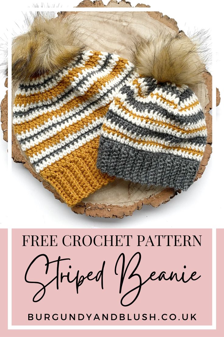 two knitted hats with text that reads free crochet pattern striped beanie