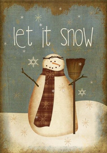 a snowman is holding a broom and wearing a hat with the words let it snow