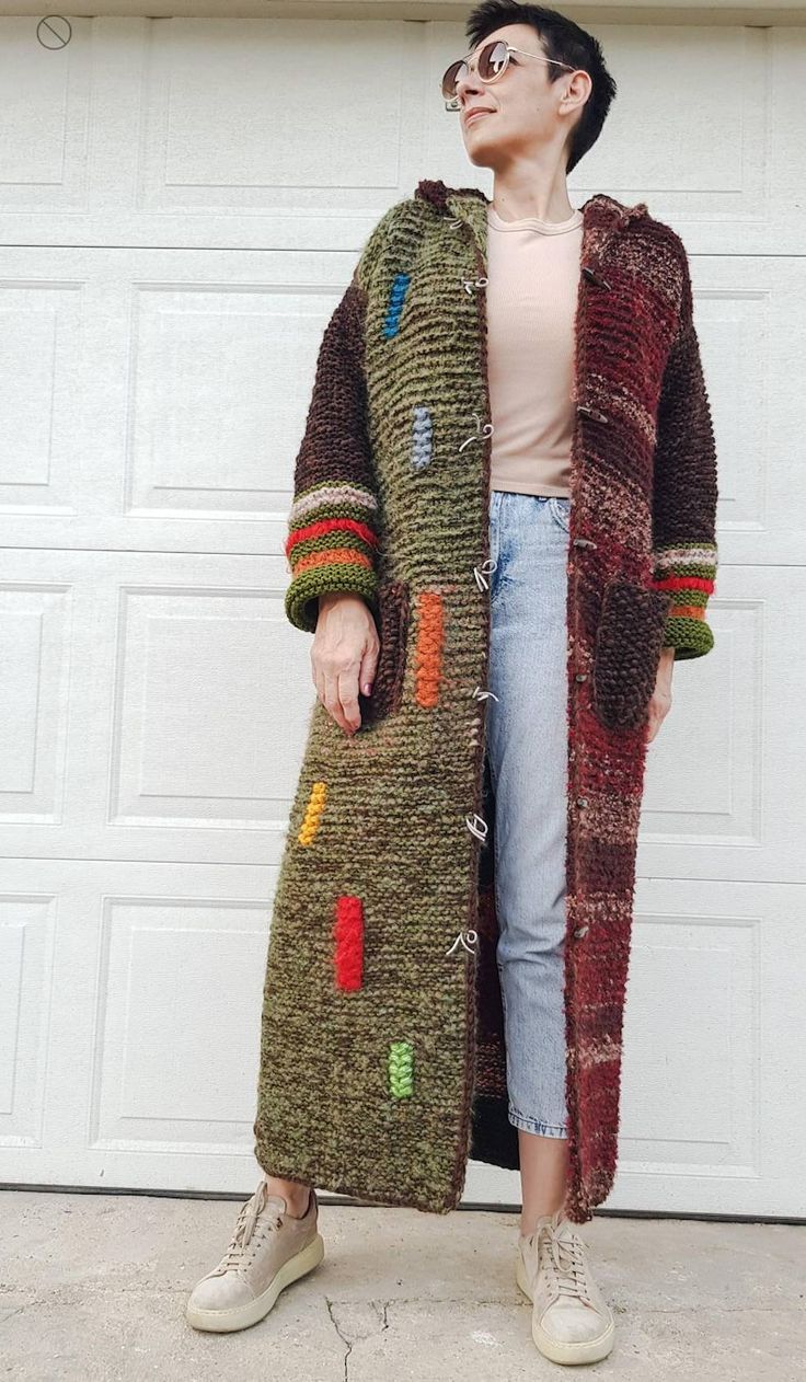 Long Hand Knit Unique Wool Coat - Etsy Slovakia Long Knitted Acrylic Outerwear, Wool Knitted Sweater Coat For Winter, Winter Wool Knitted Sweater Coat, Long Knitted Sweater Coat For Cold Weather, Long Acrylic Sweater Coat For Winter, Winter Acrylic Outerwear With Patchwork, Green Merino Wool Long Sleeve Outerwear, Green Long Sleeve Merino Wool Outerwear, Long Knitted Sweater Coat