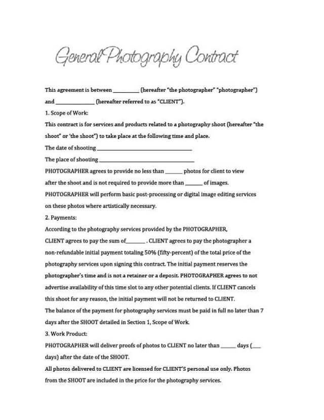 a wedding photography contract is shown in this image