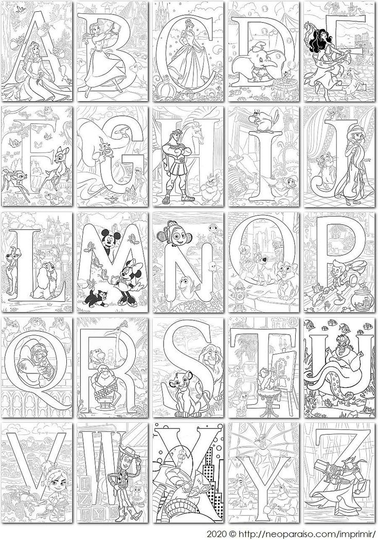 the alphabet is made up of cartoon characters and letters that are outlined in black and white