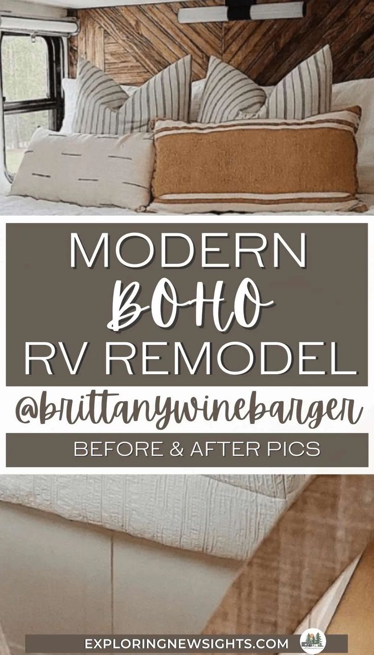 modern rv remodel before and after pics with text overlay that says modern rv remodel