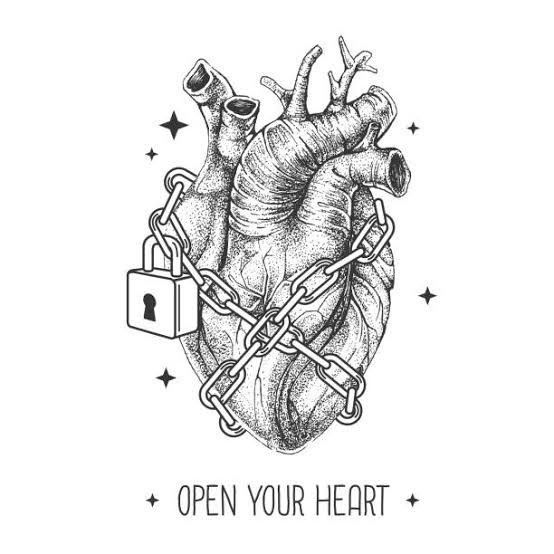 an open heart with chain and padlock on the inside, drawn in black ink