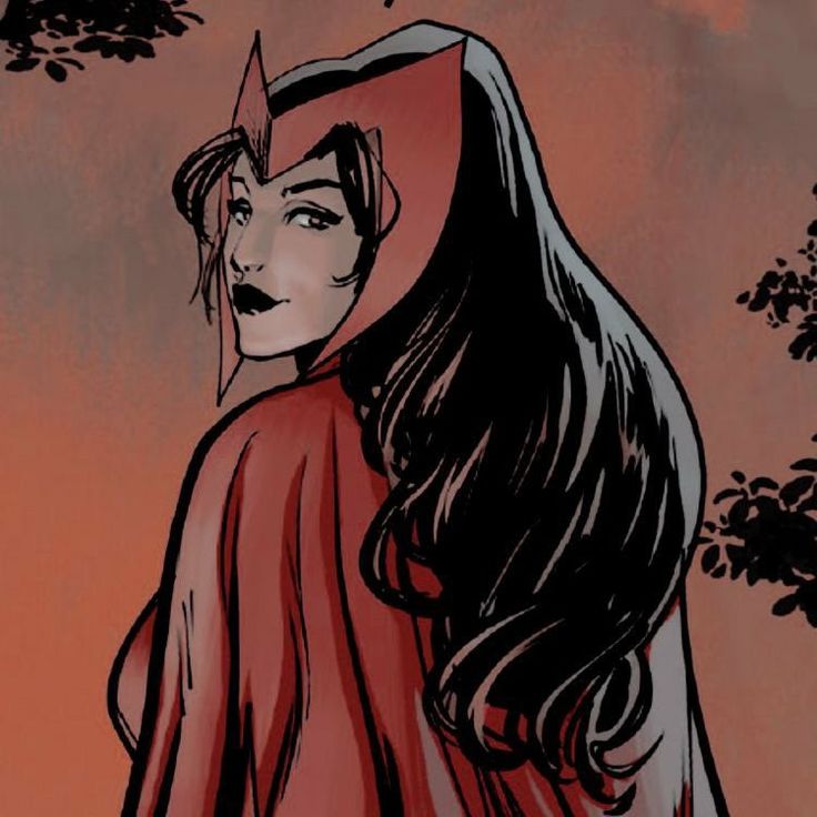 a drawing of a woman with long black hair and a red cape over her head