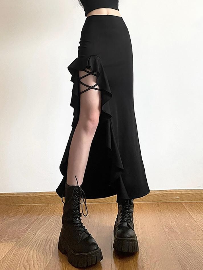 High Waist Irregular Split Goth Skirt - AnotherChill Goth Skirt, Girl Punk, High Waist Long Skirt, Black Punks, Mid Skirt, Clothes Korean Style, High Waisted Maxi Skirt, Moda Punk, Skirt Y2k