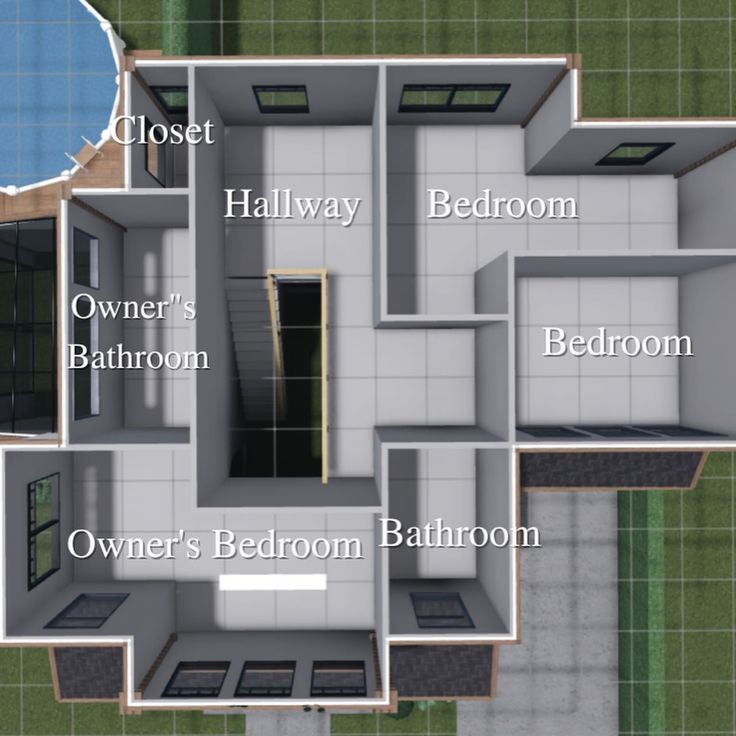 an overhead view of a house with all the rooms labelled