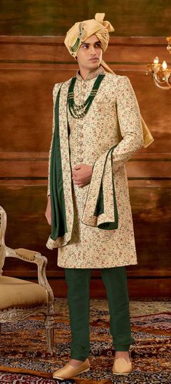 Gold color Sherwani in Art Silk fabric with Embroidered, Resham, Thread, Zari work Green Sherwani, Groom Sherwani, Raw Silk Lehenga, Mens Sherwani, Sherwani For Men, Celebrity Gowns, Wedding Sherwani, Indian Saree Blouse, Beige Silk