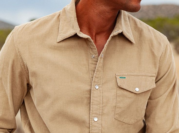 Corduroy Pearl Snap - Sand – Criquet Shirts Classic Corduroy Shirt With Pockets, Casual Shirt With Corduroy Collar, Casual Workwear Tops With Corduroy Collar, Everyday Corduroy Tops With Pockets, Brown Casual Shirt With Flap Pockets, Casual Brown Shirt With Flap Pockets, Western Style Cotton Workwear Tops, Casual Shirt With Flap Pockets For Everyday, Casual Spring Shirt With Corduroy Collar