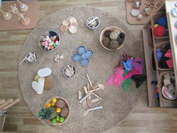 an overhead view of a child's play area with toys