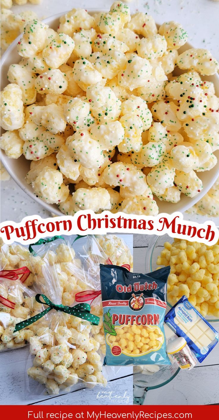 popcorn christmas munch recipe is shown in this collage with the title above it