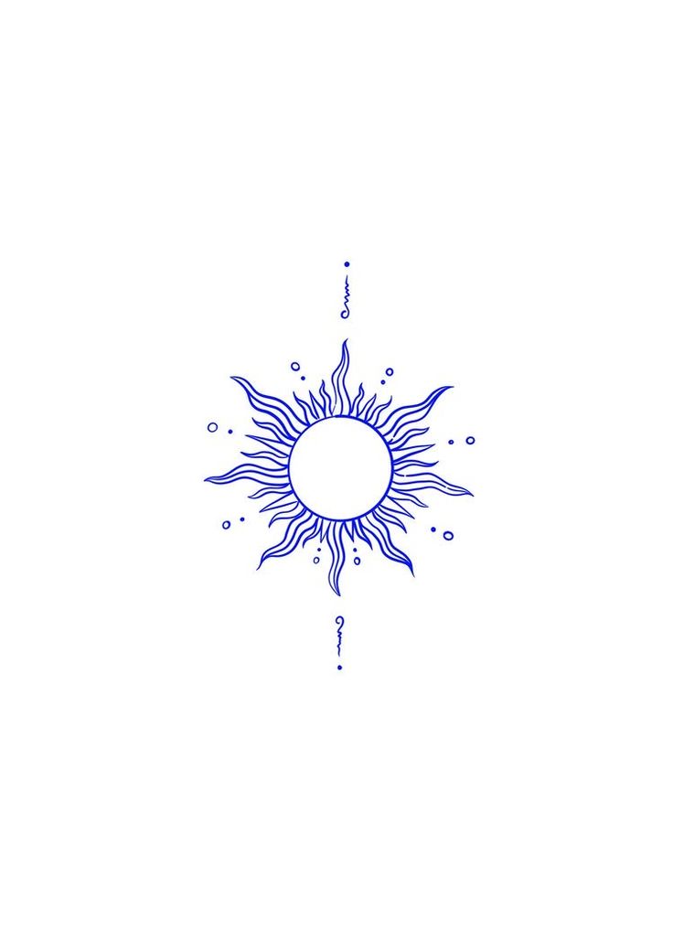 a blue and white drawing of a sun with water drops coming out of it's center