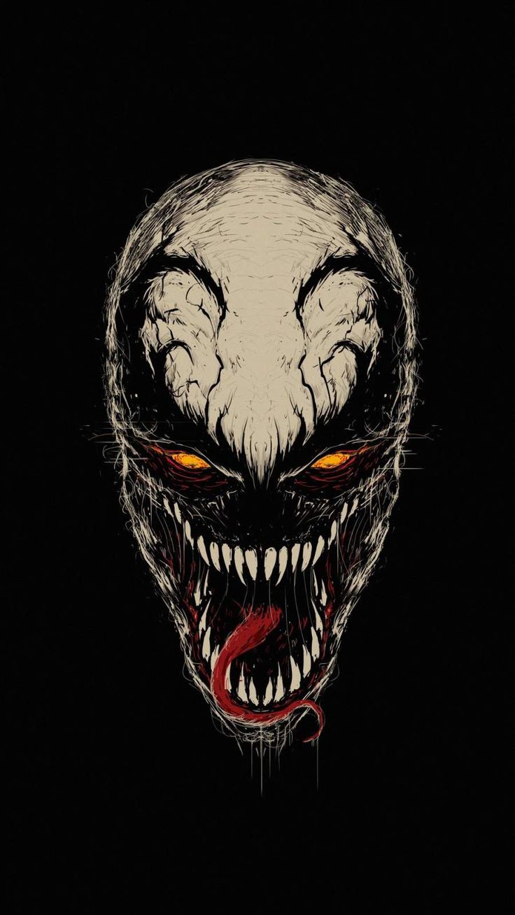 an evil looking face with red eyes and fangs on it's head, against a black background