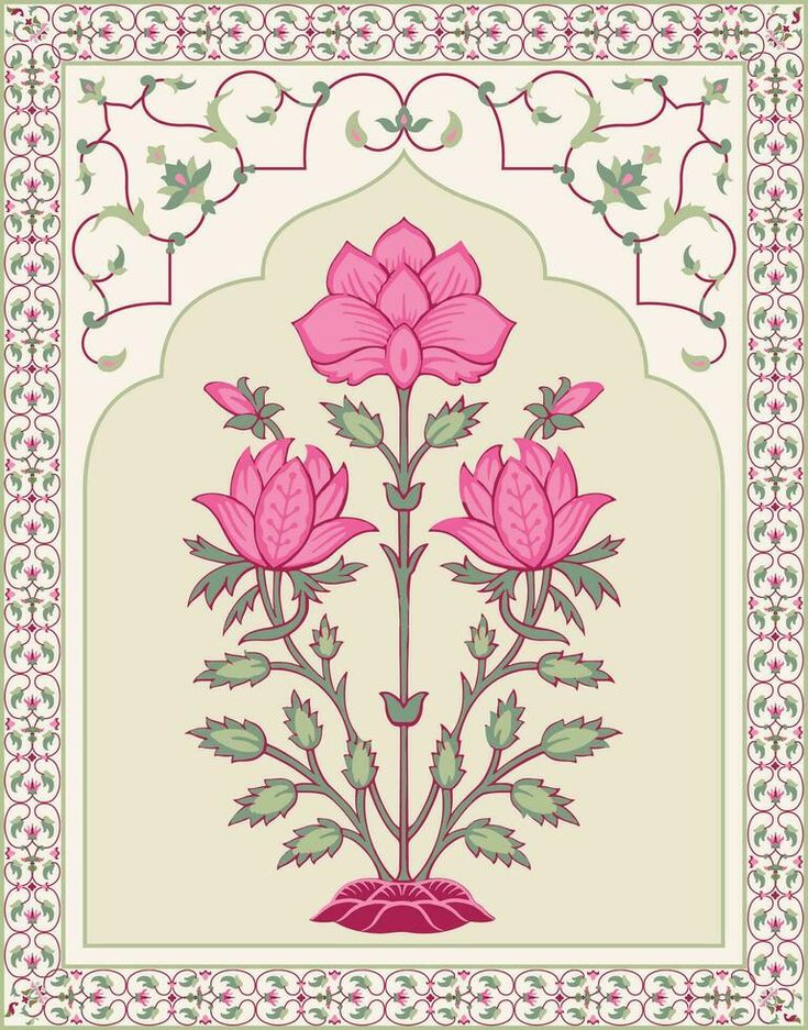 a pink flower with green leaves on a white and beige background in an ornate frame