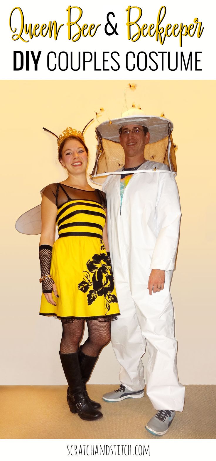 a man and woman in bee costumes posing for the camera