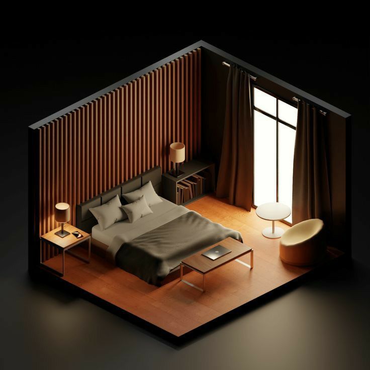 an overhead view of a bedroom with a bed, nightstands and table in it