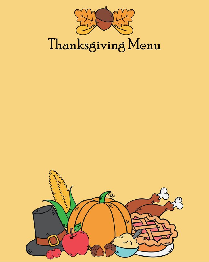 a thanksgiving menu with turkey, pumpkins and other foods