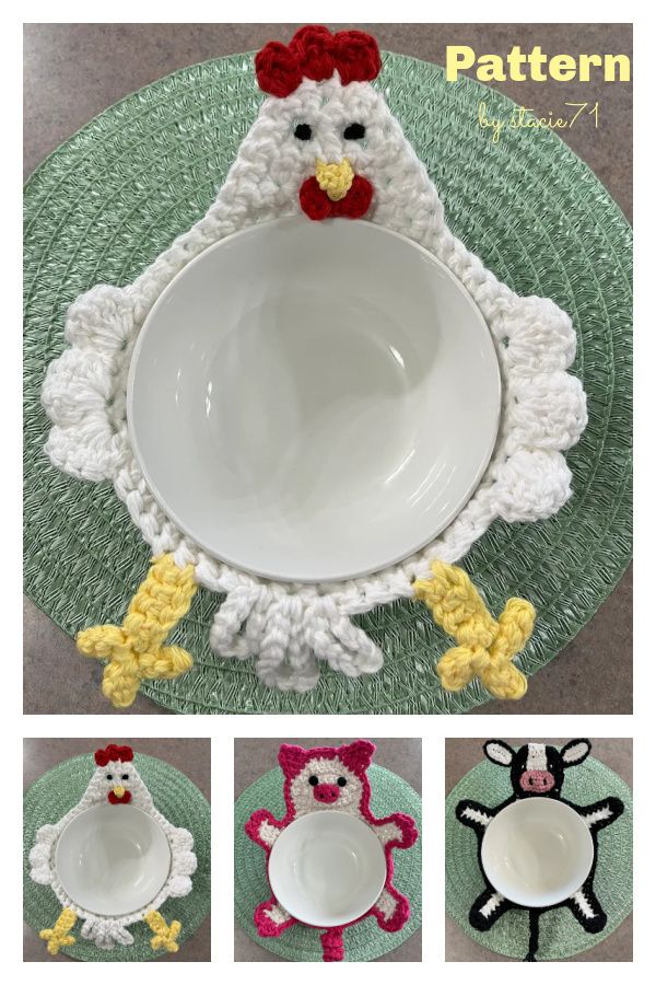 crocheted chicken placemats and plates are featured in the pattern for this dish cover