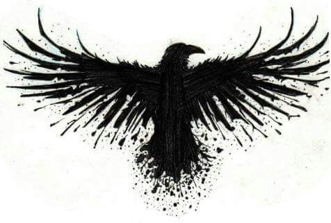 a drawing of a black bird with wings spread out and two birds flying above it