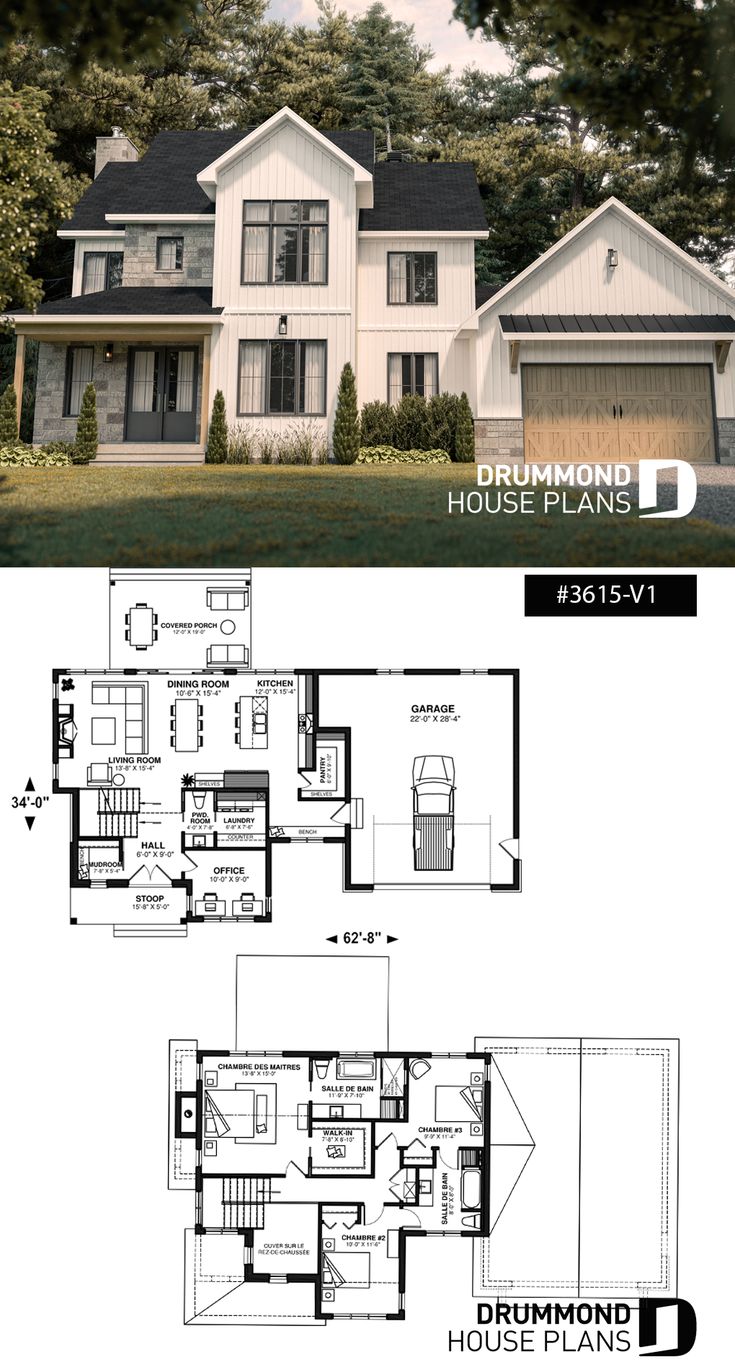 two story house plans with garage and living room on the first floor are shown in this image