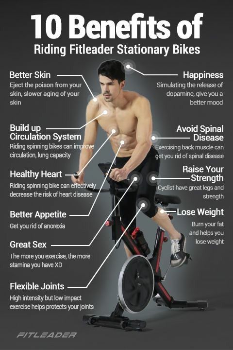 a man on an exercise bike with the words 10 benefits of riding fitter stationary bikes