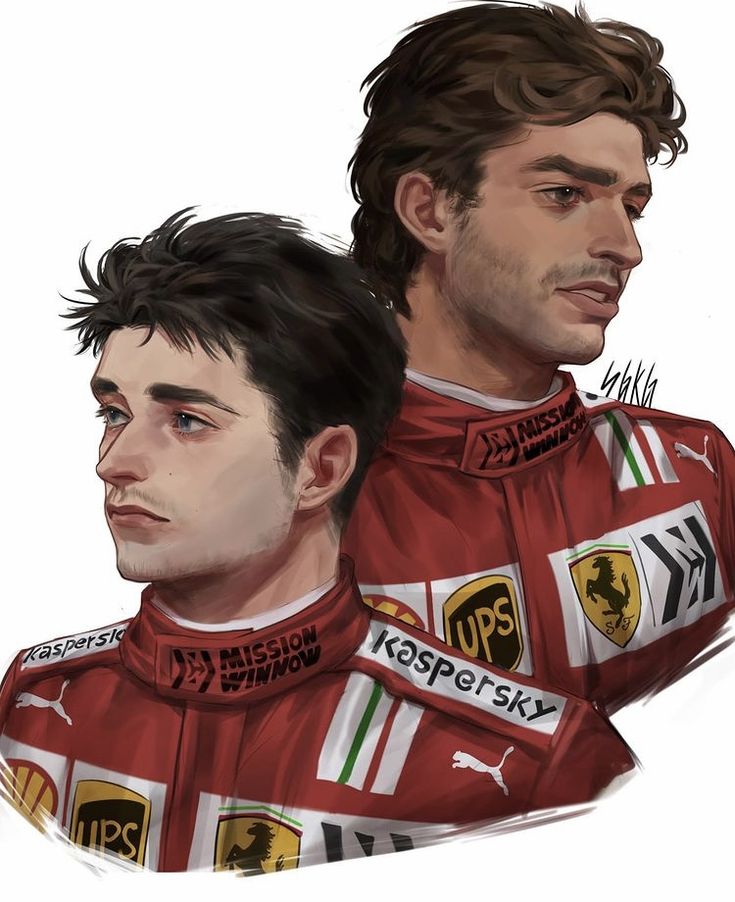 two men in racing uniforms one is looking at the camera while the other looks to his left