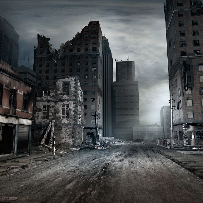 an old city street with lots of buildings and debris on the ground in front of it