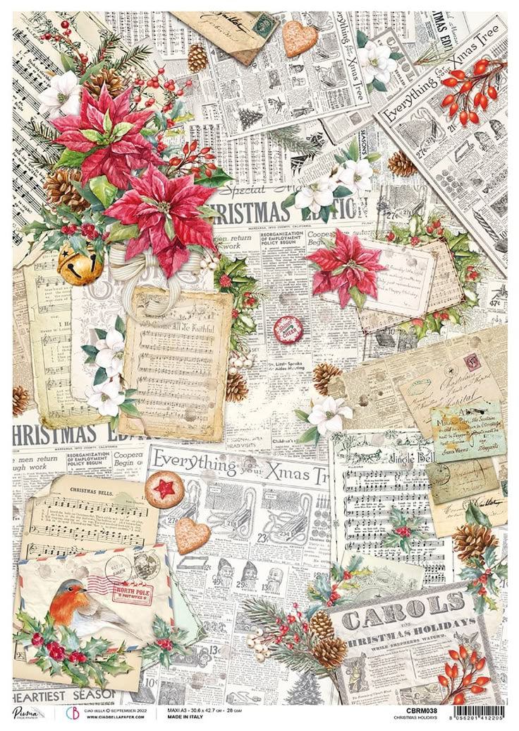 a collage of christmas papers with poinsettis, holly and other decorations