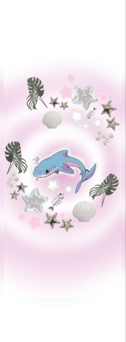 a dolphin surrounded by sea shells and starfish on a pink background with white stars