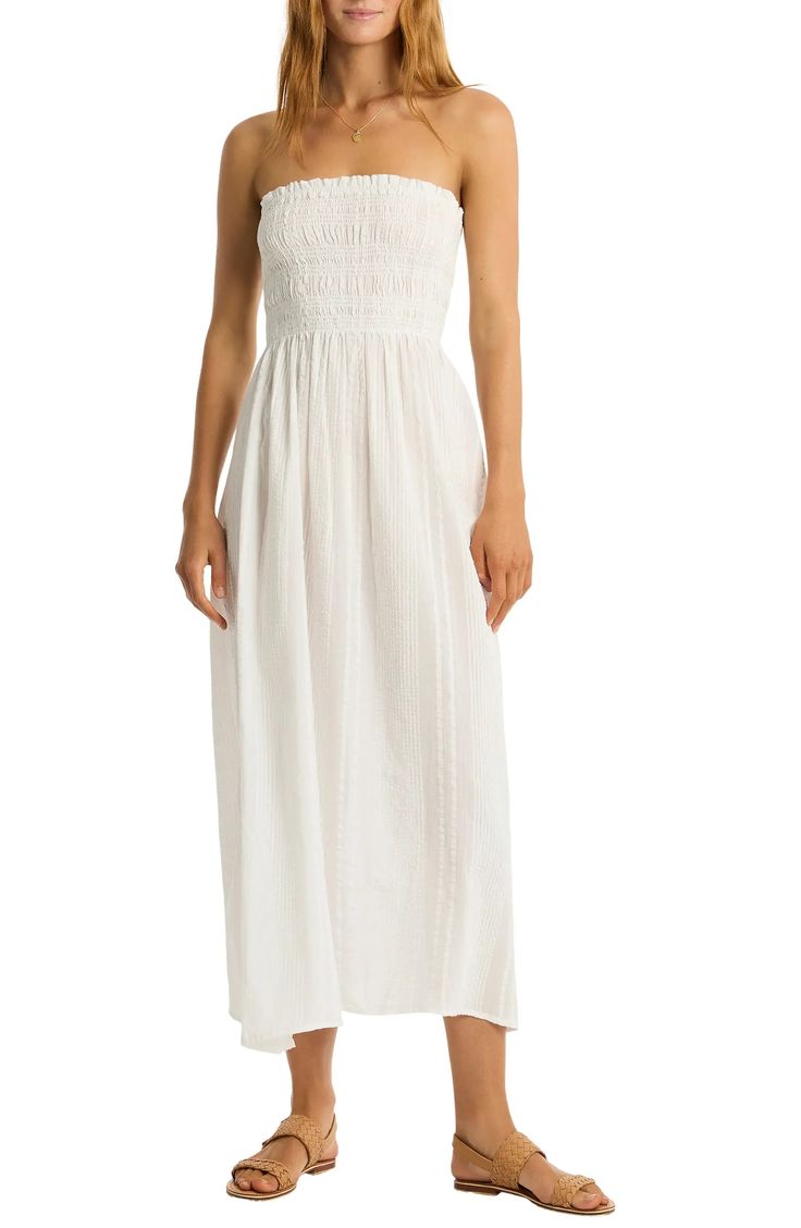 Sea Level Heatwave Strapless Cotton Cover-Up Dress | Nordstrom Vacation Sundress With Ruched Bodice, Vacation Smocked Sundress With Ruched Bodice, Sundress With Smocked Bodice And Bandeau Shape, Bandeau Sundress With Smocked Bodice, Summer Strapless Ruched Cotton Dress, Summer Cotton Strapless Ruched Dress, Summer Strapless Cotton Dress With Ruched Detail, Summer Cotton Strapless Dress With Ruched Detail, Cotton Bandeau Strapless Dress