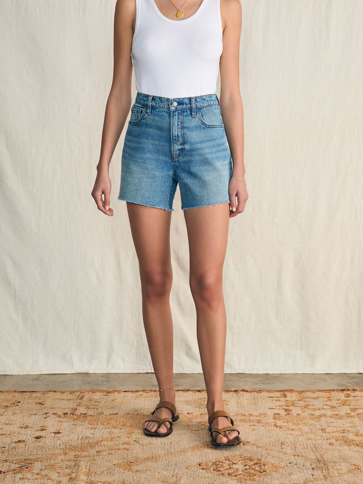 Organic Cotton Denim Short - Lakewood Wash Summer Relaxed Fit Cutoff Jean Shorts, Mid-rise Jeans For Summer Everyday Wear, Classic Summer Denim Jeans, Relaxed Fit Jeans For Everyday Summer Wear, Summer Dark Wash Cutoff Jeans, Classic Jeans With Frayed Hem For Summer, Classic Summer Jeans With Frayed Hem, Classic High Rise Jeans For Summer, Everyday Light Wash Cotton Jean Shorts