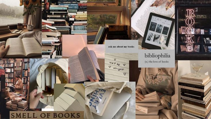 a collage of books and pictures with the words smell of books