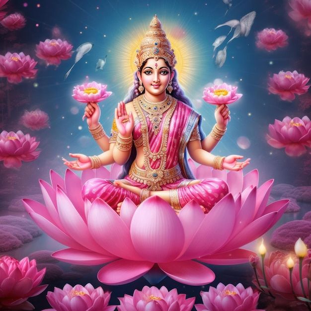 there is a buddha statue sitting on top of a pink flower in front of water lilies