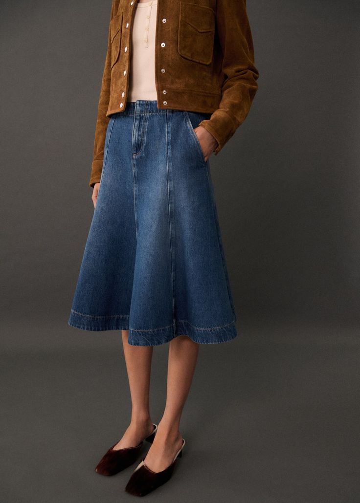 Side length 26.57 in. Skirt length 26.57 in Extra Dresses, Midi Design, Flared Denim Skirt, Turkey Dress, Eye Spy, Midi Denim, Black Denim Skirt, Denim Skirt Women, Skirt Jumpsuit