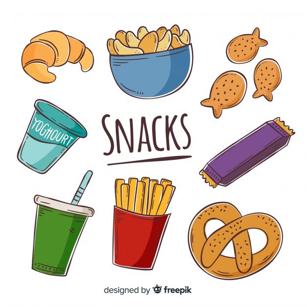 hand drawn snack items with the words snacks