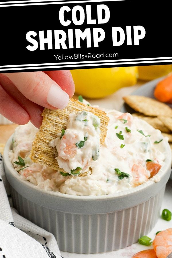 a hand dipping a cracker into a bowl of cold shrimp dip