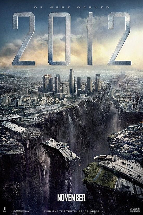 the movie poster for 2012 shows an aerial view of a city with skyscrapers and mountains