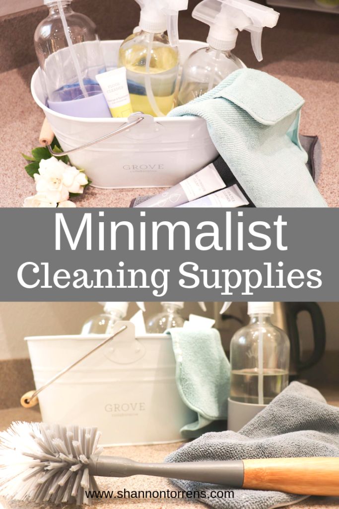 cleaning supplies are arranged on the floor with text overlay that reads minimalist cleaning supplies